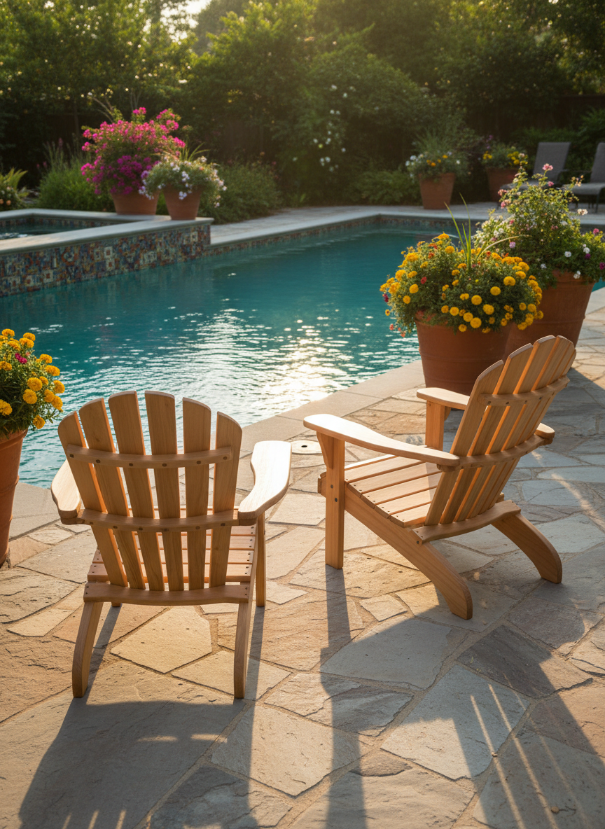 A pair of custom wooden Adirondack chairs with a light cedar finish, wide armrests, and smoothly sanded edges, arranged on a stone patio adjacent to a shimmering pool. The setting is a vibrant backyard with mosaic tiling and bright accent planters in the background. The scene is bathed in golden hour sunlight, which gently highlights the wood’s grain and casts soft, elongated shadows across the patio stones. The overall mood is tranquil and leisurely, evoking relaxation and outdoor comfort. Photographed from a low, angled perspective to accentuate the chairs’ inviting form, and composed with a modern, airy aesthetic that underscores the quality of the site’s furniture offerings.