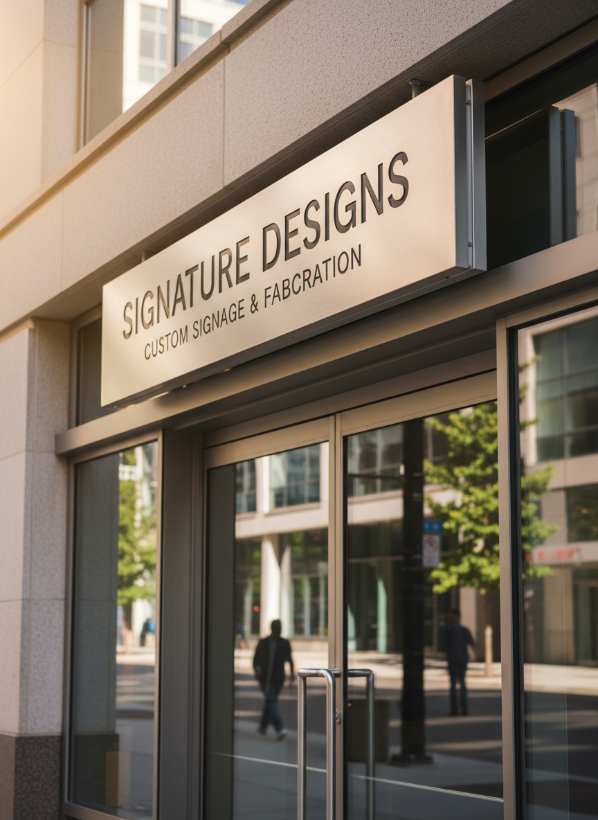 A sleek, custom-machined aluminum storefront sign with crisply engraved lettering and a brushed metallic finish, mounted above a glass-paneled shop entrance. The environment is a modern urban streetscape, with the sign reflected subtly in the pristine storefront windows and surrounded by softly blurred sidewalk elements. Sunlight from a clear afternoon casts gentle highlights across the brushed surface, accentuating the sign’s clean lines and craftsmanship. The atmosphere is professional and welcoming, captured from a slightly elevated, centered perspective for a bold, balanced composition. The style is photographic realism, with sharp detail and a clean, contemporary aesthetic that highlights the sign’s premium quality—perfectly aligning with the brand’s focus on custom signage.