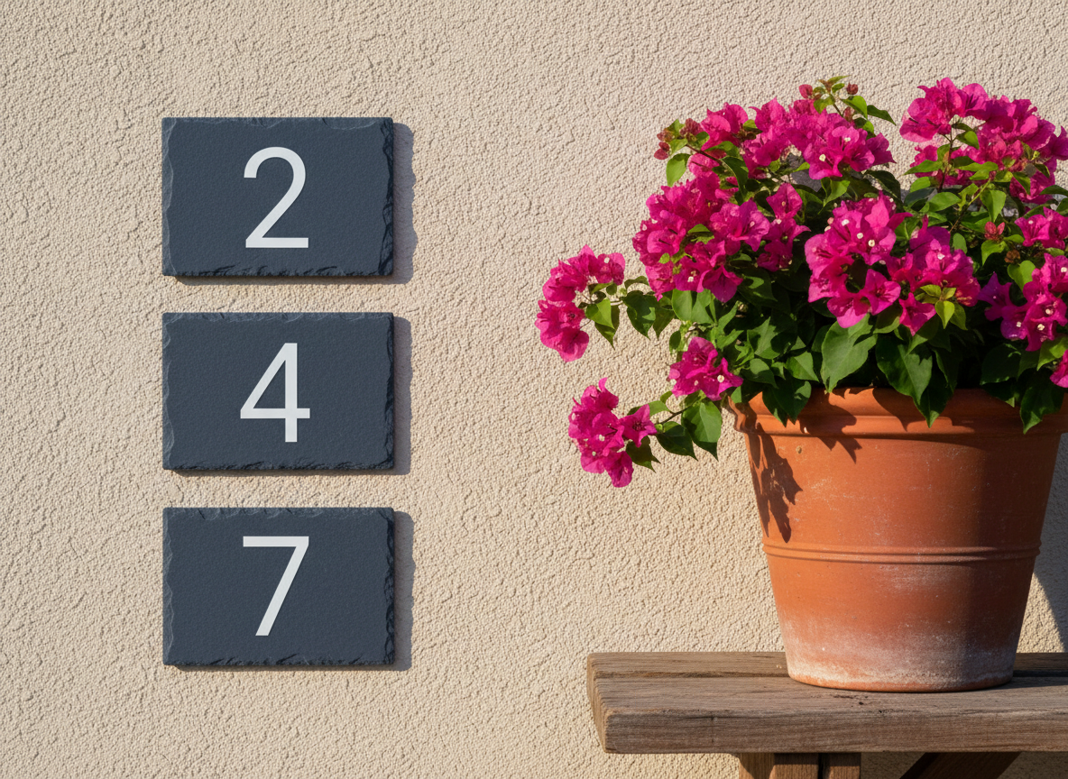 A set of custom-designed, painted house number plaques for a vacation rental, made from weather-resistant composite material with a matte, slate-blue finish and crisp white numerals. The plaques are mounted on a textured stucco wall near a vibrant, blooming potted plant. Early morning light softly illuminates the plaques, creating gentle, cool-toned highlights and subtle, diffuse shadows. The mood is cheerful and welcoming—conveying the promise of a relaxing getaway. The composition uses the rule of thirds to balance the numbered plaques with the lush planter, maintaining sharp focus throughout. The style is clean and modern with a touch of coastal charm, reflecting the product’s dual practicality and aesthetic appeal.