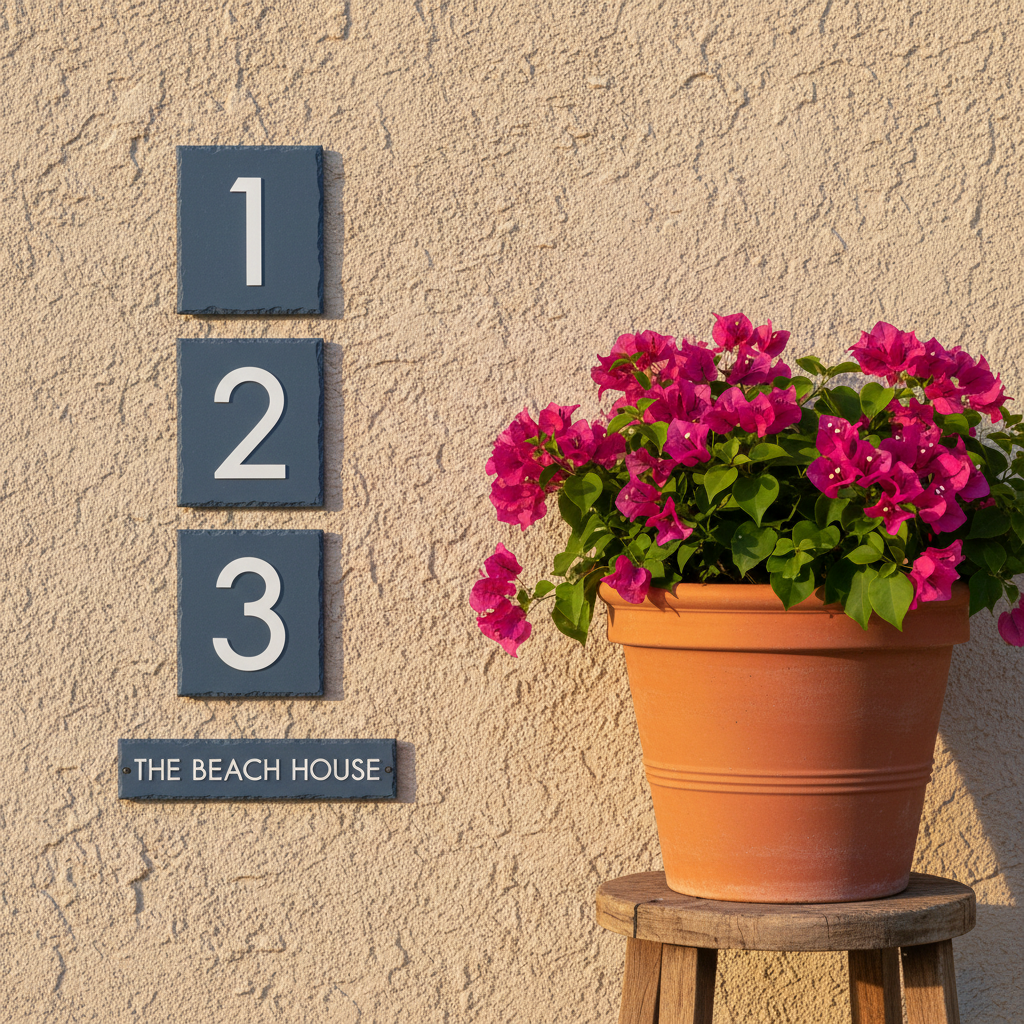 A set of custom-designed, painted house number plaques for a vacation rental, made from weather-resistant composite material with a matte, slate-blue finish and crisp white numerals. The plaques are mounted on a textured stucco wall near a vibrant, blooming potted plant. Early morning light softly illuminates the plaques, creating gentle, cool-toned highlights and subtle, diffuse shadows. The mood is cheerful and welcoming—conveying the promise of a relaxing getaway. The composition uses the rule of thirds to balance the numbered plaques with the lush planter, maintaining sharp focus throughout. The style is clean and modern with a touch of coastal charm, reflecting the product’s dual practicality and aesthetic appeal.