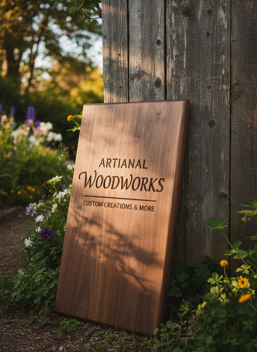 A handcrafted wooden sign featuring smoothly carved text and a rich walnut stain, resting against a textured, sun-bleached wooden fence beside a lush garden path. The lighting is warm and diffused, with the late afternoon sun filtering through overhanging branches, casting intricate shadows and dappled highlights on the sign’s surface, emphasizing wood grain and natural beauty. The mood is relaxed and inviting, evoking a sense of artisanal authenticity. Captured at eye level with a shallow depth of field, the sign is the clear focal point against the blurred, green foliage backdrop. The overall style is rustic yet refined, emphasizing the craftsmanship central to the site’s offerings in custom woodwork.