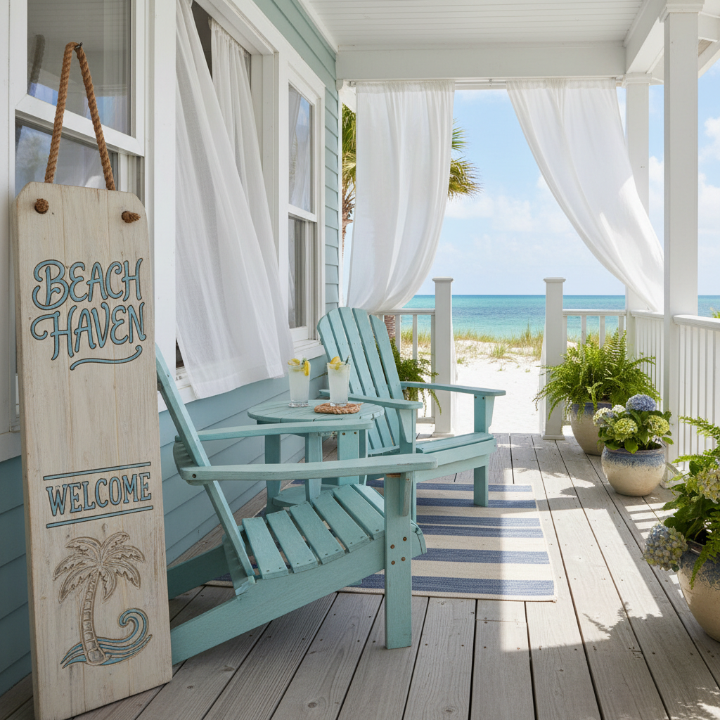 A beach cottage porch with Adirondack chairs and a matching table beside a custom wooden welcome sign, airy coastal light, relaxed vacation mood, photographic realism