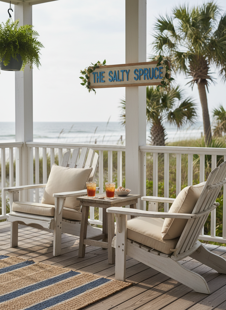 A close-up of a beach house porch featuring Adirondack chairs and a matching side table near a custom wooden house name sign, soft coastal daylight, welcoming and relaxed, photographic realism