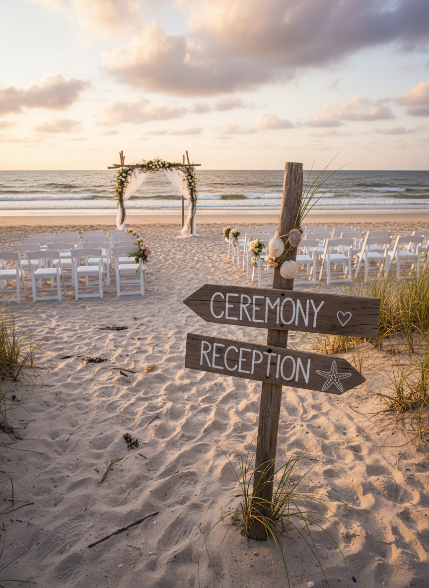 Outer Banks, North Carolina beach wedding directional wooden sign pointing to ceremony and reception, chairs in the sand and ocean in the background, warm late-afternoon light, photographic realism, matching existing site aesthetic