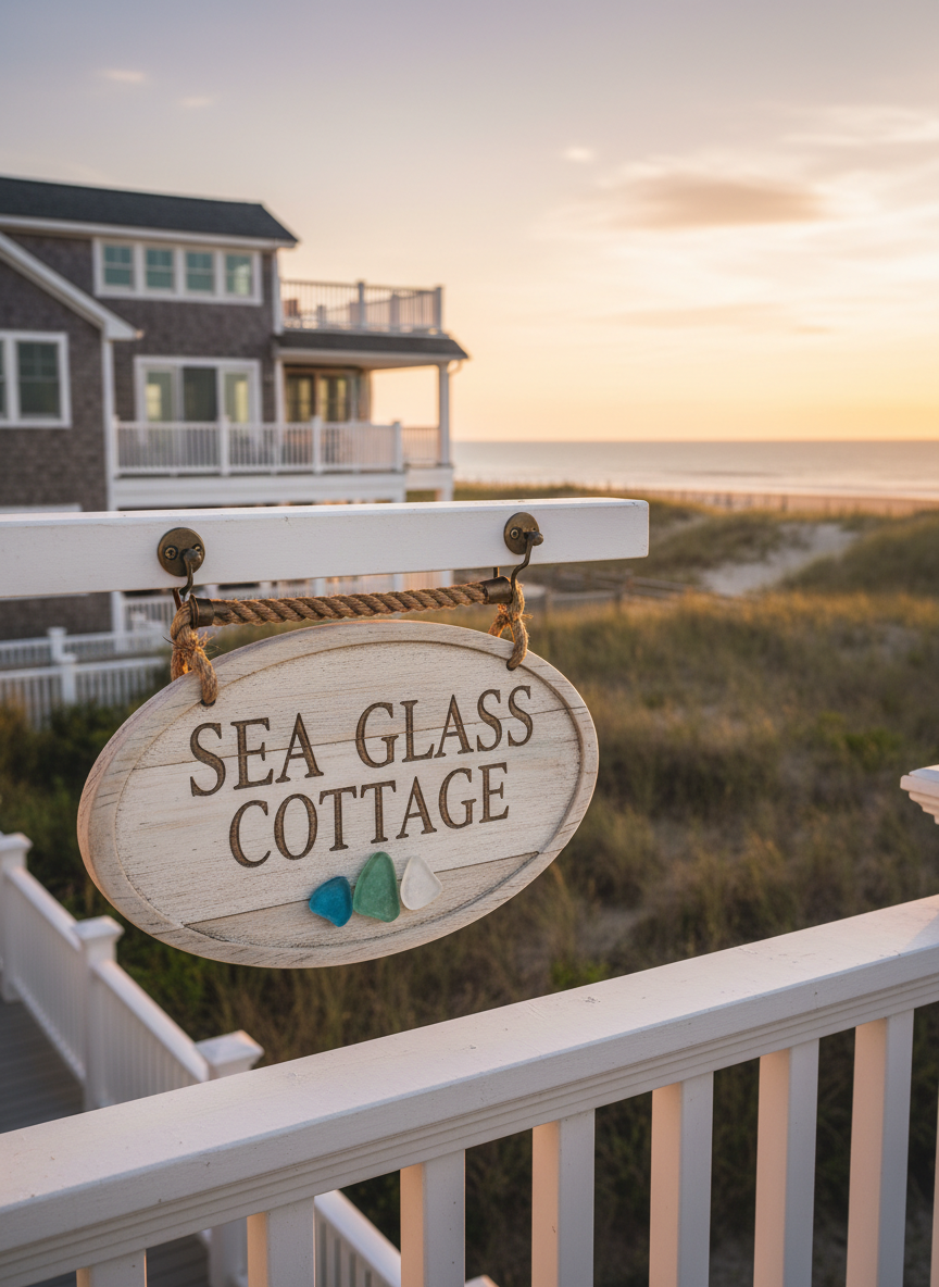 A handcrafted wooden sign hung on the front railing of a beach home, with coastal architecture, dunes, and soft golden-hour light, photographic realism, matching the existing DayMark Sign Co. site aesthetic.