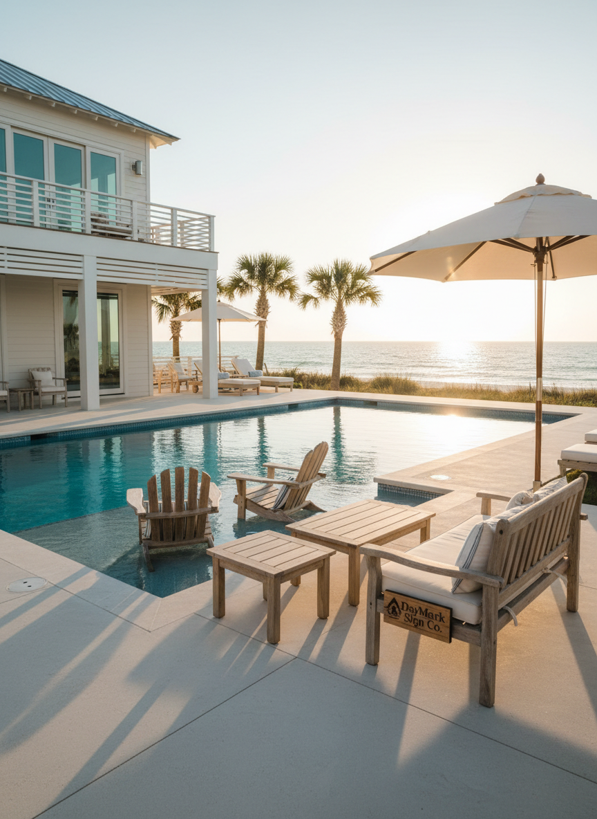 Poolside Adirondack chairs and matching wooden furniture arranged beside a coastal-style pool at a beach house, with clean lines, warm natural light, and photographic realism, matching the existing DayMark Sign Co. site aesthetic.
