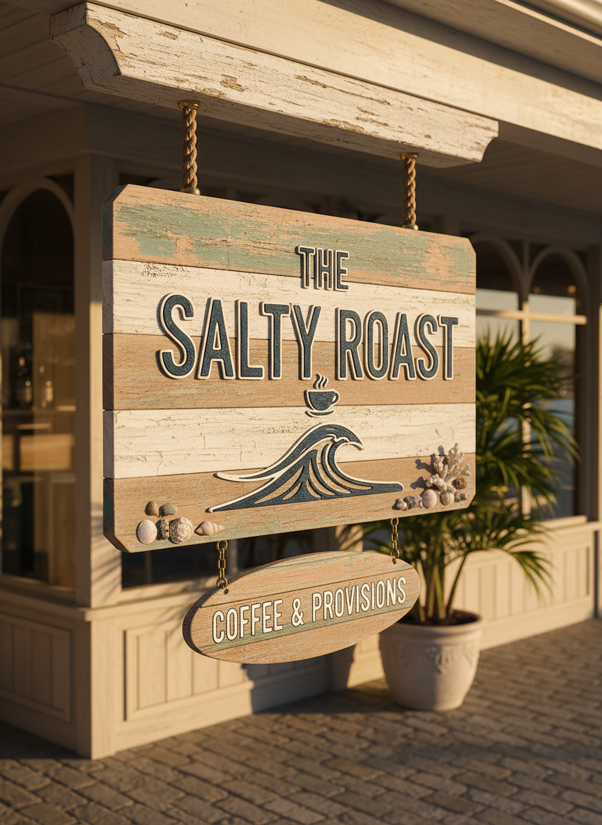 A handcrafted wooden hanging sign for a coastal-style coffee shop, with carved or painted lettering, weathered wood texture, and subtle beachy details like rope, brass hooks, or coastal colors. The sign hangs outside on a porch or storefront in soft golden coastal light, matching the existing DayMark Sign Co. site aesthetic.