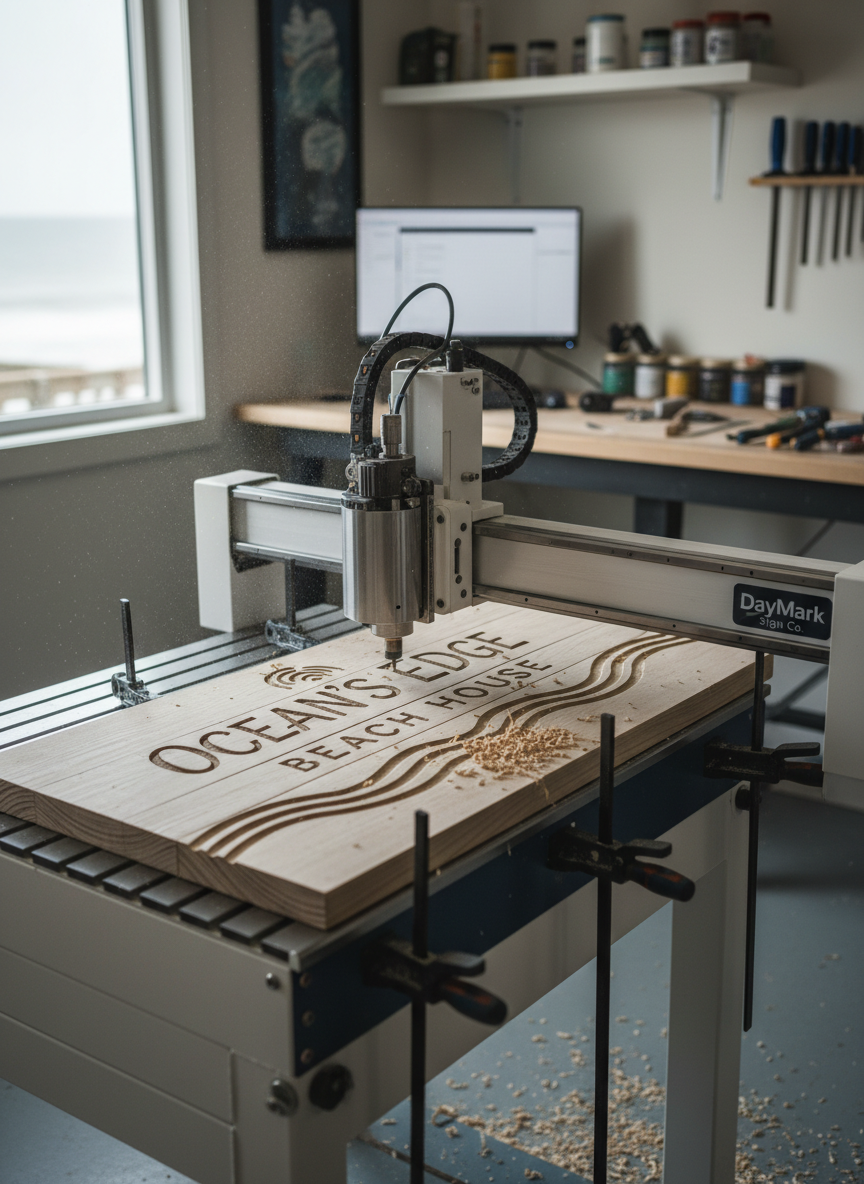 A beach-themed wooden sign being carved on a CNC router in a small workshop, with soft coastal daylight, clean composition, and photographic realism that matches the existing DayMark Sign Co. site aesthetic. The sign design hints at coastal elements like waves or a beach house name, and the scene feels tidy and professional.