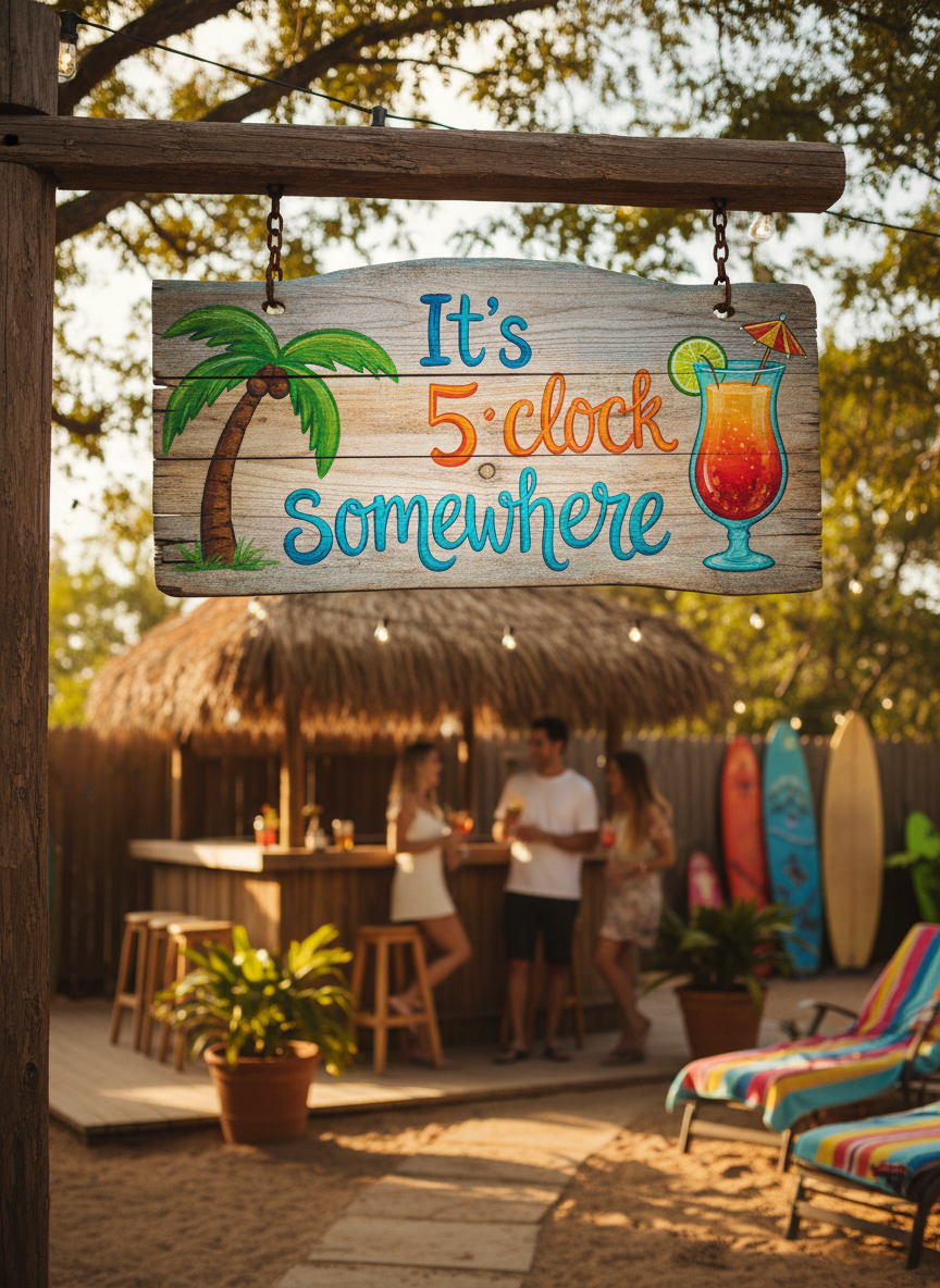 A wooden outdoor bar sign that reads "It's 5 o'clock somewhere" in a fun, casual script with colorful beachy elements like palm trees or a cocktail glass, photographed in a lively backyard bar setting.