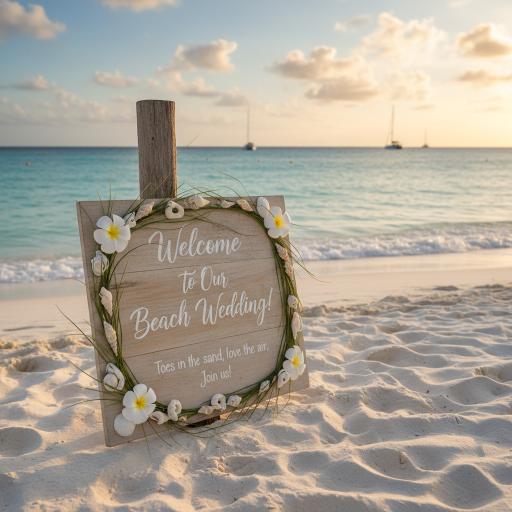 A wooden sign on a beach inviting guests to a beach wedding, with a warm and welcoming vibe. The sign is decorated with subtle coastal elements like seashells or small flowers, and the ocean is visible in the background.